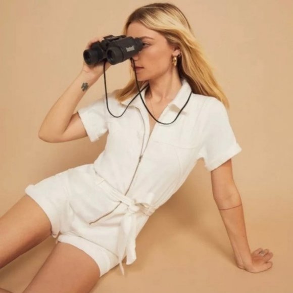 Reformation Vintage White Sadie Short Sleeve Zip Front Belted Denim Romper 8 - Picture 3 of 7